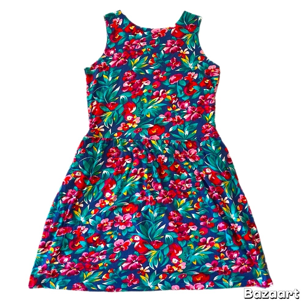 Vintage Izod 100% Cotton 90's Tropical Midi Tank Dress w/Pockets Size Large